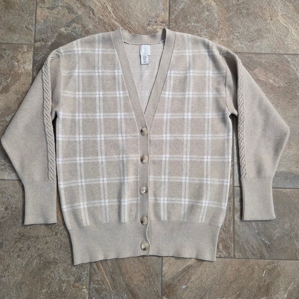 Joie Womens Plaid V-Neck Cardigan Sweater Beige White Cable Detail Size Medium